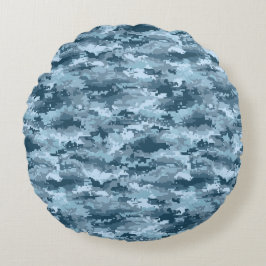 Blauw militair gepixelde camouflagepatroon rond kussen