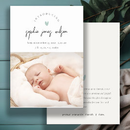 Blauw miniatuurscript foto geboorteaankondiging bedankkaart