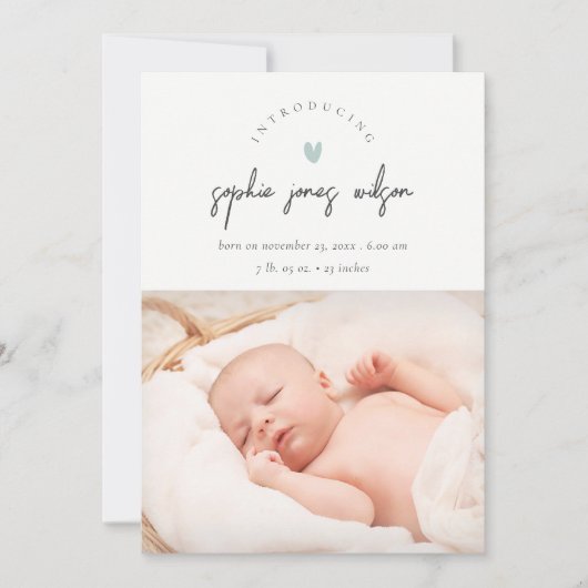 Blauw miniatuurscript foto geboorteaankondiging bedankkaart (Voorkant)