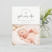 Blauw miniatuurscript foto geboorteaankondiging bedankkaart (Staand voorkant)