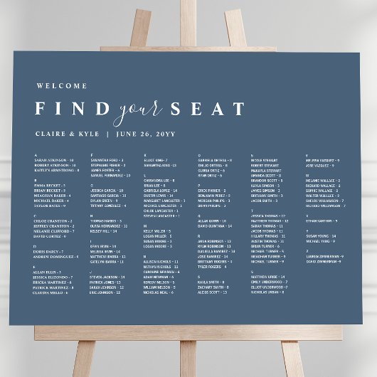 Blauw Minimaal Alfabetisch Bruiloft Zittingschema Poster