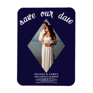 Blauw Minimaal Diamant Foto Bruiloft Save the Date Magneet