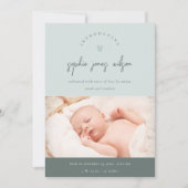 Blauw Minimaal Hart Script Foto Geboorteaankondigi Bedankkaart (Voorkant)