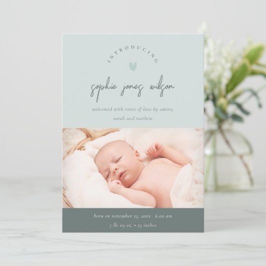 Blauw Minimaal Hart Script Foto Geboorteaankondigi Bedankkaart (Staand voorkant)