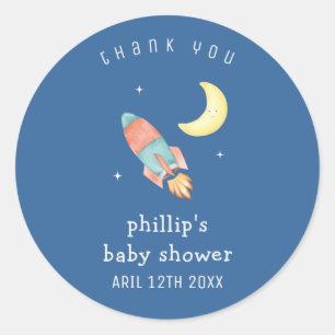 Blauw Minimaal Jongen Over De Maan Raket Baby Show Ronde Sticker