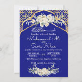 Blauw Minimal Bloemen Goud Islamitisch Moslim Brui Kaart (Voorkant)
