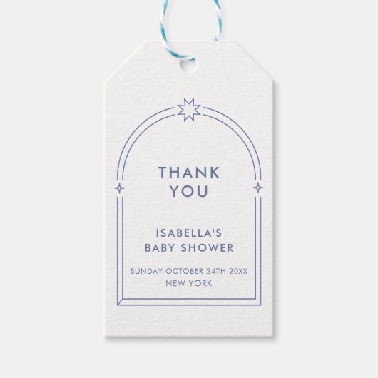 Blauw Minimalistisch Boho Arch Baby shower Cadeaulabel (Voorkant)