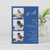 Blauw minimalistisch casual initiaal fotobruiloft kaart (Staand voorkant)