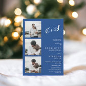 Blauw minimalistisch casual initiaal fotobruiloft kaart