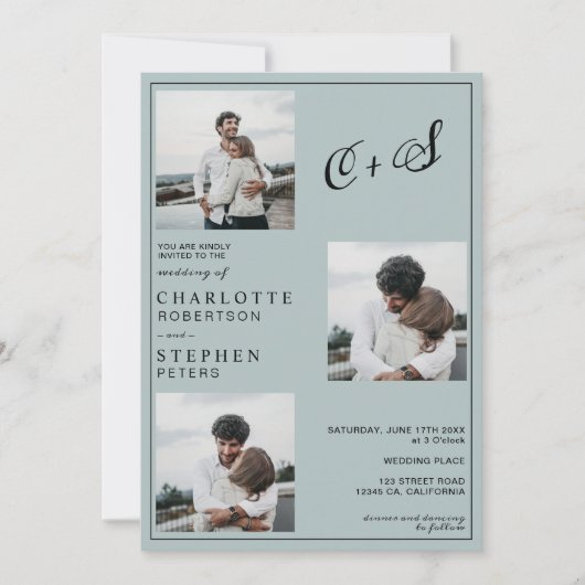 Blauw minimalistisch casual initiaal fotobruiloft kaart (Voorkant)