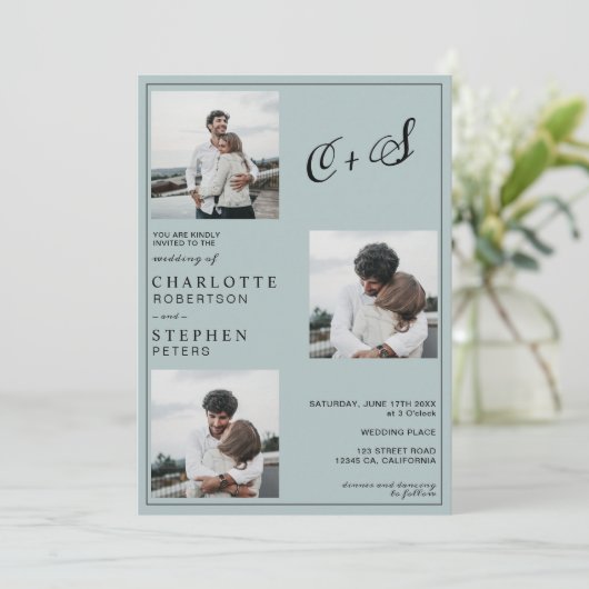 Blauw minimalistisch casual initiaal fotobruiloft kaart (Staand voorkant)