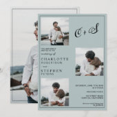 Blauw minimalistisch casual initiaal fotobruiloft kaart (Voorkant / Achterkant)