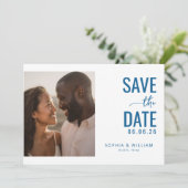 Blauw Minimalistisch Foto met Vreugde Save The Date (Staand voorkant)