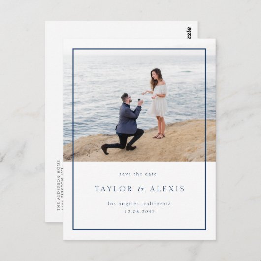 Blauw Minimalistisch Frame Foto Save the Date Briefkaart (Voorkant / Achterkant)