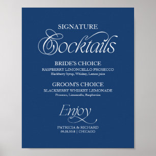 Blauw Minimalistisch Handtekening Cocktails Trouwb Poster