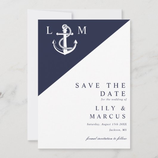 Blauw minimalistisch monogram huwelijksfeest save the date (Voorkant)