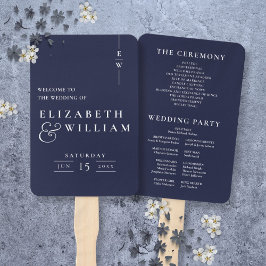 Blauw Minimalistisch Monogram Huwelijksprogramma Handwaaier