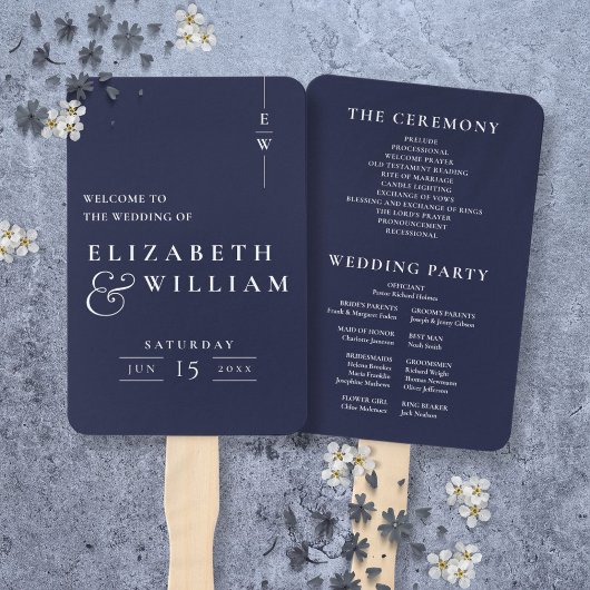 Blauw Minimalistisch Monogram Huwelijksprogramma Handwaaier