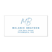Blauw Minimalistisch Monogram Naam Terugkeeradres Zelfinktende Stempel (Design)