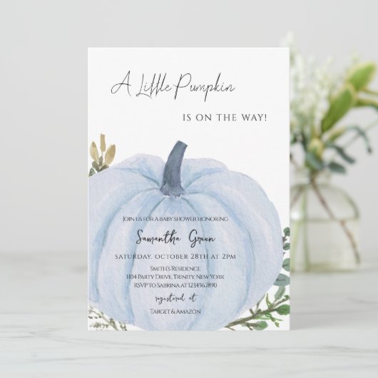 Blauw minimalistisch pompoen Baby shower Kaart (Staand voorkant)