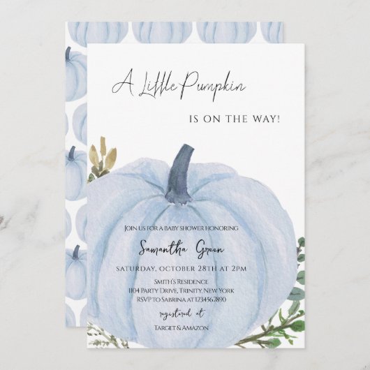 Blauw minimalistisch pompoen Baby shower Kaart (Voorkant / Achterkant)