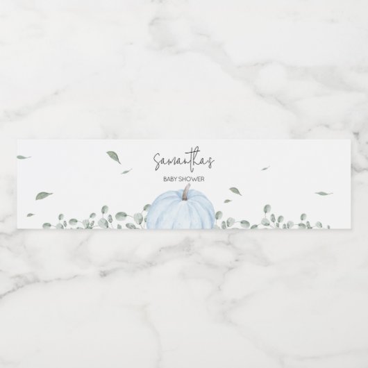 Blauw minimalistisch pompoen Baby shower Waterfles Etiket (Enkel label)