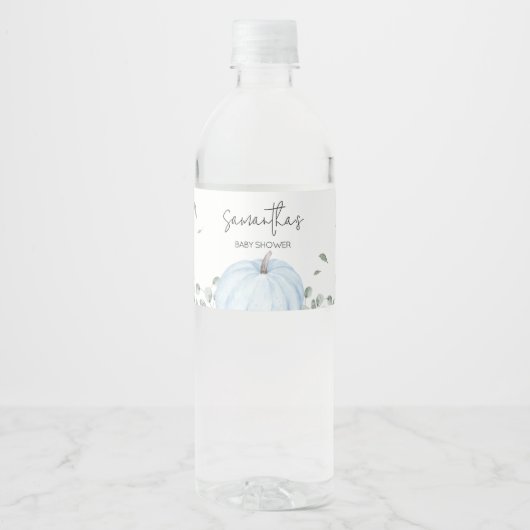 Blauw minimalistisch pompoen Baby shower Waterfles Etiket (Voorkant)