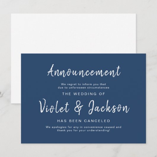 Blauw minimalistisch script bruiloft annuleringska kaart (Voorkant / Achterkant)