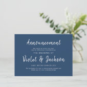 Blauw minimalistisch script bruiloft annuleringska kaart (Staand voorkant)