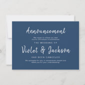 Blauw minimalistisch script bruiloft annuleringska kaart (Voorkant)