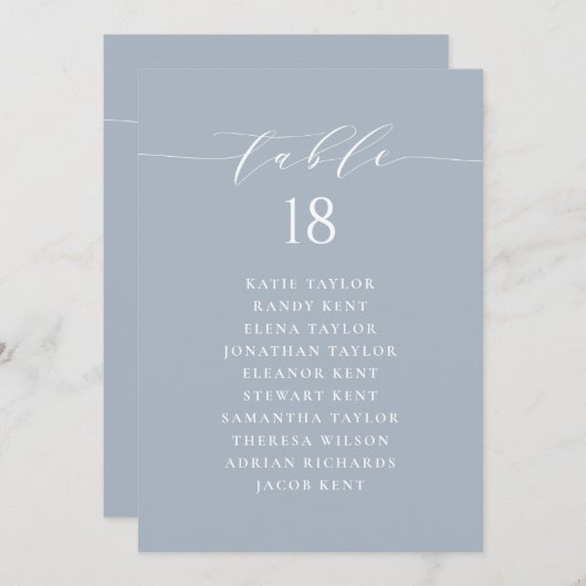 Blauw Minimalistisch Script Zitschema Tafelnummer (Voorkant / Achterkant)