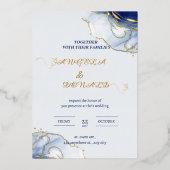 Blauw minimalistisch vintage waterverf trouwen folie uitnodiging (Voorkant)
