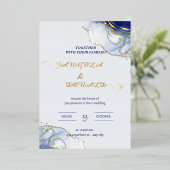 Blauw minimalistisch vintage waterverf trouwen folie uitnodiging (Staand Voorkant)