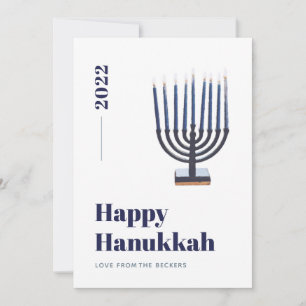 Blauw Minimalistisch Waterverf Menora Kaars Hanukk Feestdagenkaart