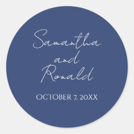 Blauw minimalistische kalligrafie bruiloft ronde sticker
