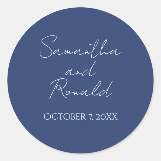 Blauw minimalistische kalligrafie bruiloft ronde sticker (Voorkant)