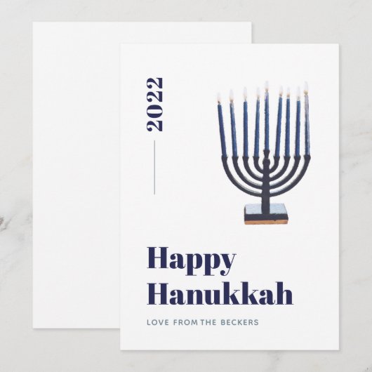 Blauw Minimalistische Waterverf Menora Kaars Hanuk Feestdagenkaart (Voorkant / Achterkant)