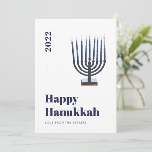Blauw Minimalistische Waterverf Menora Kaars Hanuk Feestdagenkaart (Staand voorkant)