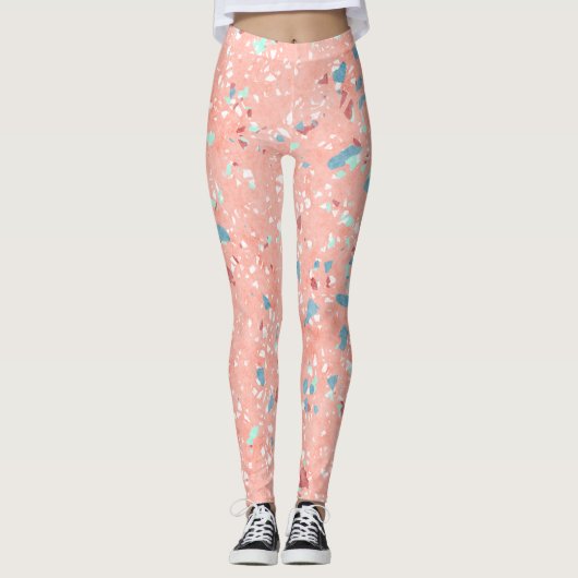 Blauw Mint Green Coral Red Pink Terrazzo Art Leggings (Voorkant)