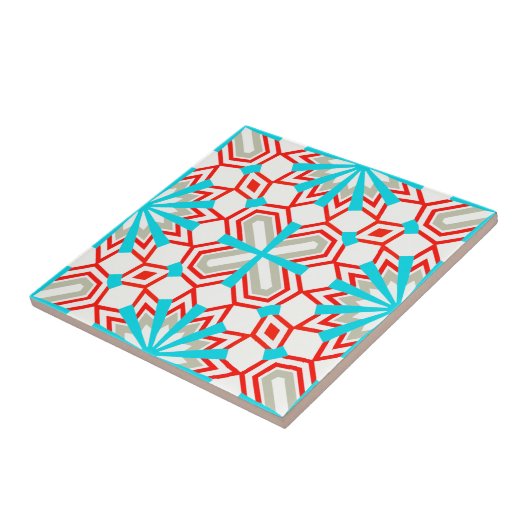 Blauw Mint Red White Gray Mosaic Geometric Pattern Tegeltje (Zijkant)