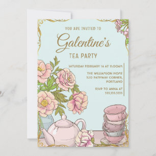 Blauw Mintage Bloem Galentine's Day Theepartij Kaart