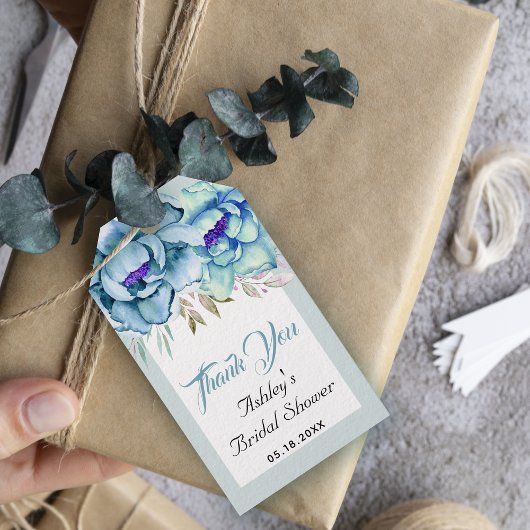 Blauw, mintgroene bloemen Dank je wel bruidsfeest Cadeaulabel