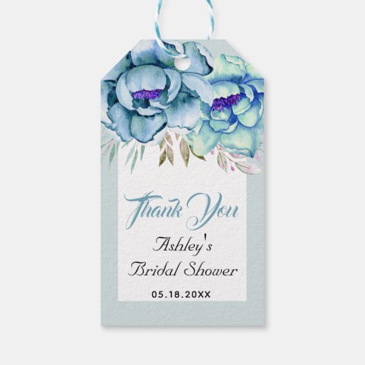 Blauw, mintgroene bloemen Dank je wel bruidsfeest Cadeaulabel (Achterkant)