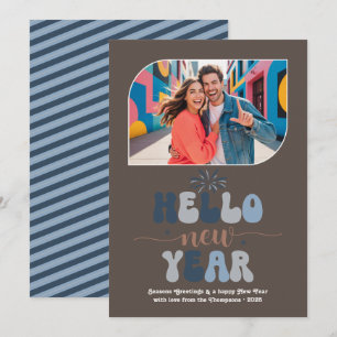 Blauw Mocha Hallo Nieuwjaar Blauw Retro Foto Feestdagenkaart