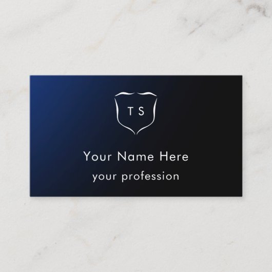 Blauw modern aangepast monogram wapen professionee visitekaartje (Voorkant)