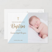 Blauw Modern Baby Boy Foto Doop Dank u Briefkaart (Voorkant / Achterkant)