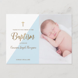 Blauw Modern Baby Boy Foto Doop Dank u Briefkaart