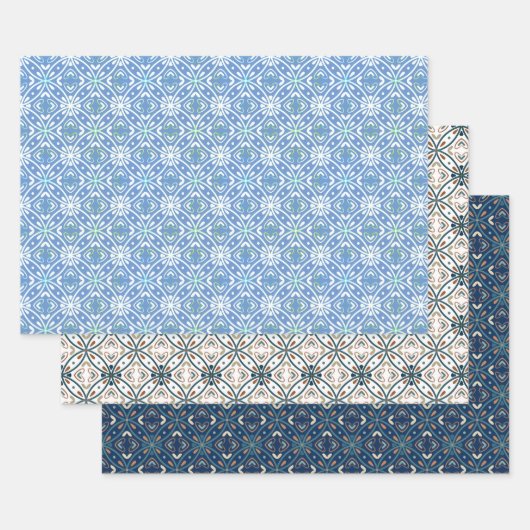 Blauw Modern Batik Patroon Inpakpapier Vel (Set)
