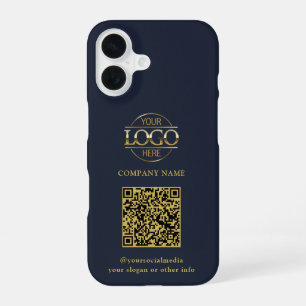 Blauw modern bedrijfslogo & QR-code promotie iPhone 16 Hoesje