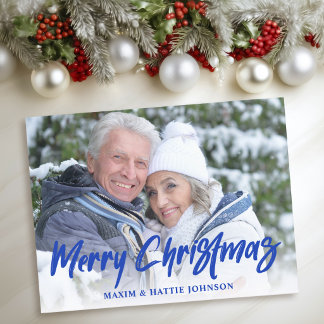 Blauw Modern Borstel Schrift Kerstmis Foto Feestdagenkaart